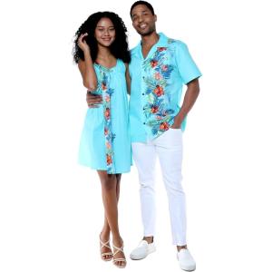 imageMatchable Couple Hawaiian Luau Shirt or Round Neck Dress in Orchid Paradise TurquoiseWomen Orchid Paradise Turquoise