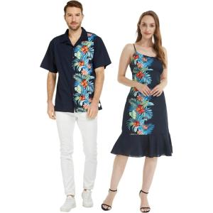 imageMatchable Couple Hawaiian Luau Shirt or Mermaid Ruffle Dress in Orchid Paradise NavyMen Orchid Paradise Navy