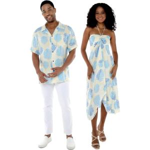 imageMatchable Couple Hawaiian Luau Shirt or Butterfly Dress in Pacific Palm CreamMen Pacific Palm Cream Navy