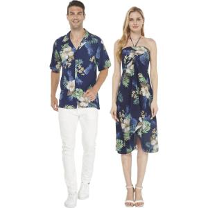 imageCouple Matching Hawaiian Luau Party Outfit Set Shirt Dress in Cream RafelsiaPineapple Garden Navy