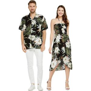 imageCouple Matching Hawaiian Luau Party Outfit Set Shirt Dress in Cream RafelsiaWispy Cereus Black