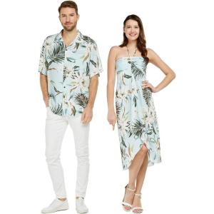 imageCouple Matching Hawaiian Luau Party Outfit Set Shirt Dress in Cream RafelsiaWispy Cereus Light Blue