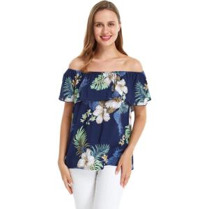 imageWomens Hawaiian OffShoulder Ruffle Muumuu Top in Pink Hibiscus VinePineapple Garden Navy