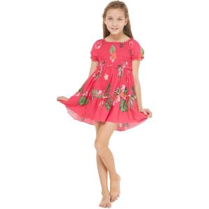 imageGirl Hawaiian Short Sleeve Elastic Layer Ruffle Dress in Pretty Tropical Hot PinkPretty Tropical Hot Pink