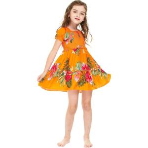 imageGirl Hawaiian Short Sleeve Elastic Layer Ruffle Dress in Pretty Tropical Hot PinkPretty Tropical Orange