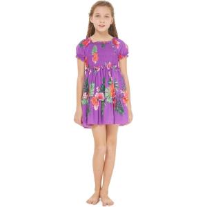 imageGirl Hawaiian Short Sleeve Elastic Layer Ruffle Dress in Pretty Tropical Hot PinkPretty Tropical Purple