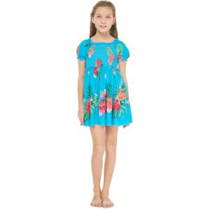 imageGirl Hawaiian Short Sleeve Elastic Layer Ruffle Dress in Pretty Tropical Hot PinkPretty Tropical Turquoise