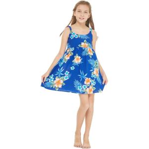 imageGirl Hawaiian Classic Empire Dress with Elastic Strap in Day Dream BloomHibiscus Blue