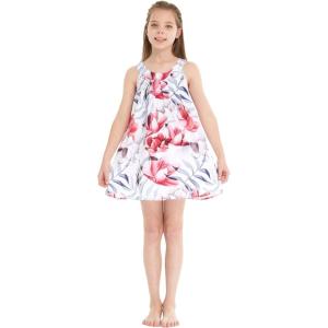 imageGirl Hawaiian Round Neck Shift Dress in Tropical PatternsMisty Lotus White