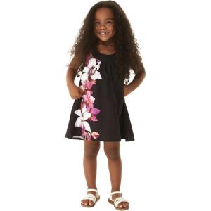 imageGirl Hawaiian Round Neck Shift Dress in Tropical PatternsWatercolor Orchid Black Pink