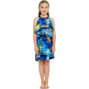 imageGirl Hawaiian Round Neck with Ruffle Dress in Blue LeafBlue Sunset