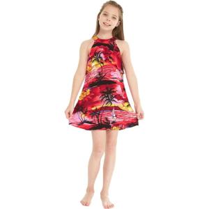 imageGirl Hawaiian Round Neck with Ruffle Dress in Blue LeafRed Sunset