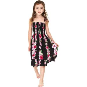 imageGirl Hawaiian Elastic Top Strap Dress in Pink Hibiscus VinePink Black Hibiscus Vine