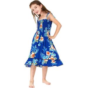 imageGirl Hawaiian Elastic Top Strap Dress in Pink SunsetHibiscus Blue