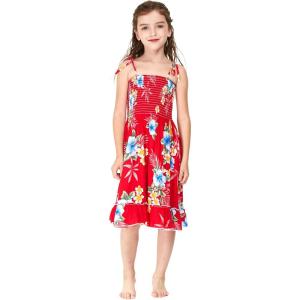 imageGirl Hawaiian Elastic Top Strap Dress in Pink SunsetHibiscus Red