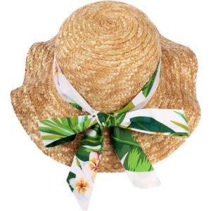 imageGirl Straw Beach Ruffle Edge Sun Hat with Tropical Print Bands