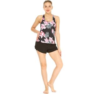 imageWomens Athletic Sportswear Patterned Tank Top and Solid Tennis Shorts with Tights SetLotus and Orchid Black