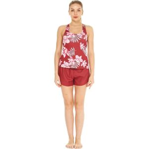 imageWomens Athletic Sportswear Patterned Tank Top and Solid Tennis Shorts with Tights SetLotus and Orchid Red