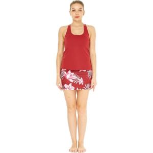 imageWomens Athletic Sportswear Solid Tank Top and Patterned Skorts with Tights SetLotus and Orchid Red