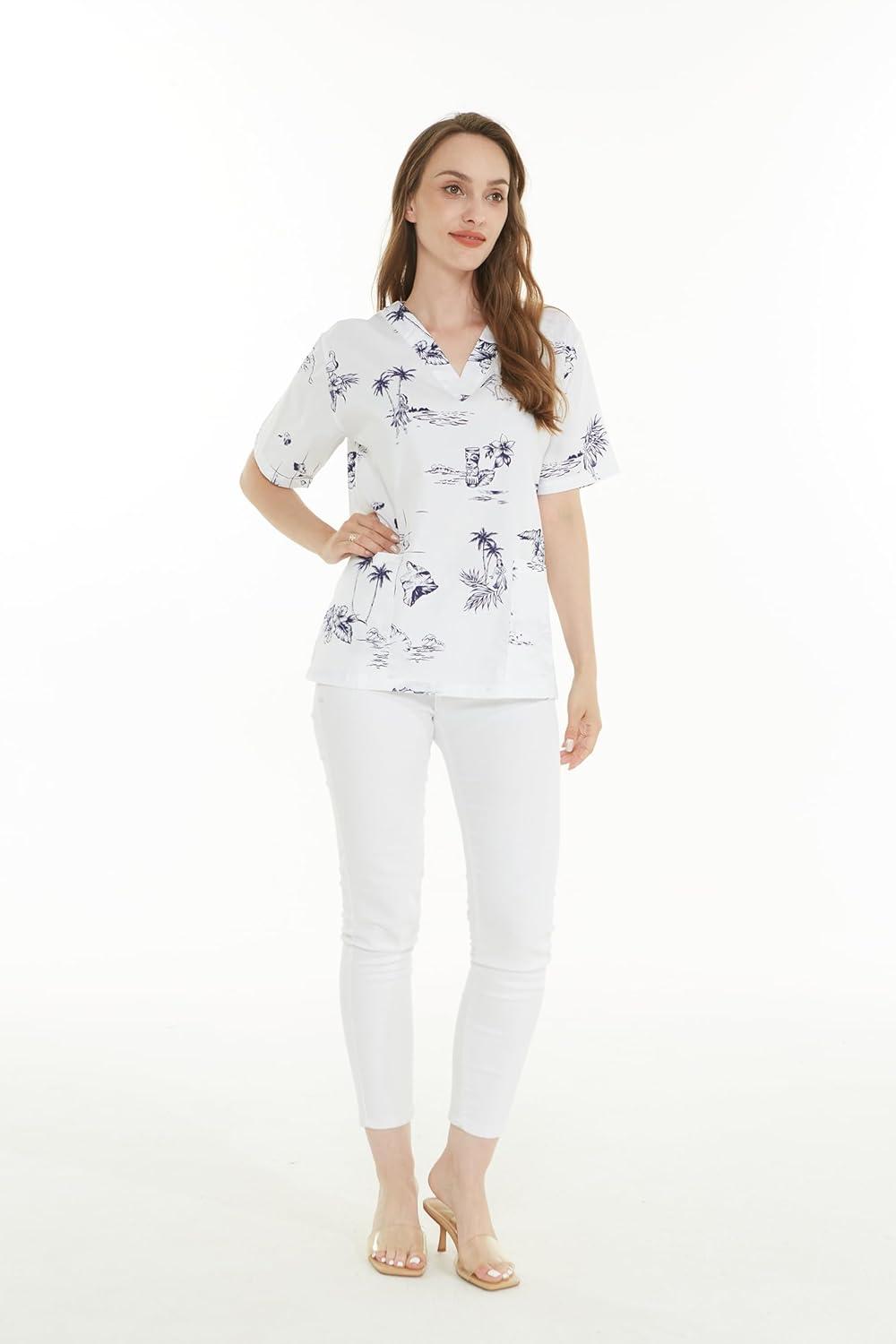 Hawaiian Print Cotton Scrub Top - Classic Hibiscus Blue With 2 Pockets Medical Uniform