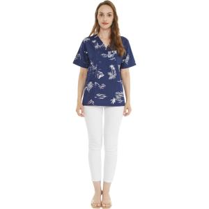 imageHawaiian Print Cotton 2 Pockets Scrub Top in Classic Map and Dolphin WhiteClassic Map and Dolphin Navy