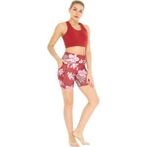 imageWomens Athletic Sportswear Solid Bra Top and Patterned Bike Shorts SetLotus and Orchid Red