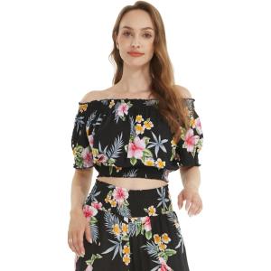 imageWomens Hawaiian OffShoulder Smock Top in Pink Hibiscus VineHibiscus Black