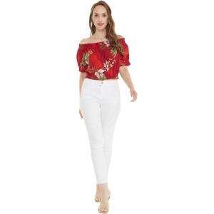 imageWomens Hawaiian OffShoulder Smock Top in Pink Hibiscus VinePineapple Garden Burgundy