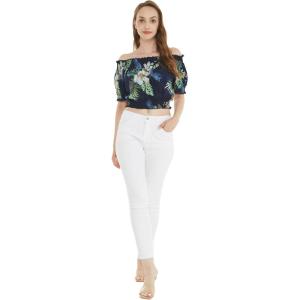 imageWomens Hawaiian OffShoulder Smock Top in Pink Hibiscus VinePineapple Garden Navy