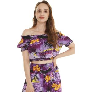 imageWomens Hawaiian OffShoulder Smock Top in Tropical PrintsSunset Purple