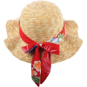 imageGirl Straw Beach Ruffle Edge Sun Hat with Tropical Print Bands in Hibiscus Red