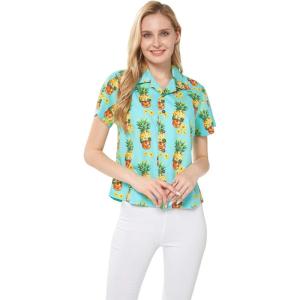 imageWomens Hawaiian Lady Aloha Shirt in Pineapple with Glasses in TurquoisePineapple With Glasses in Turquoise