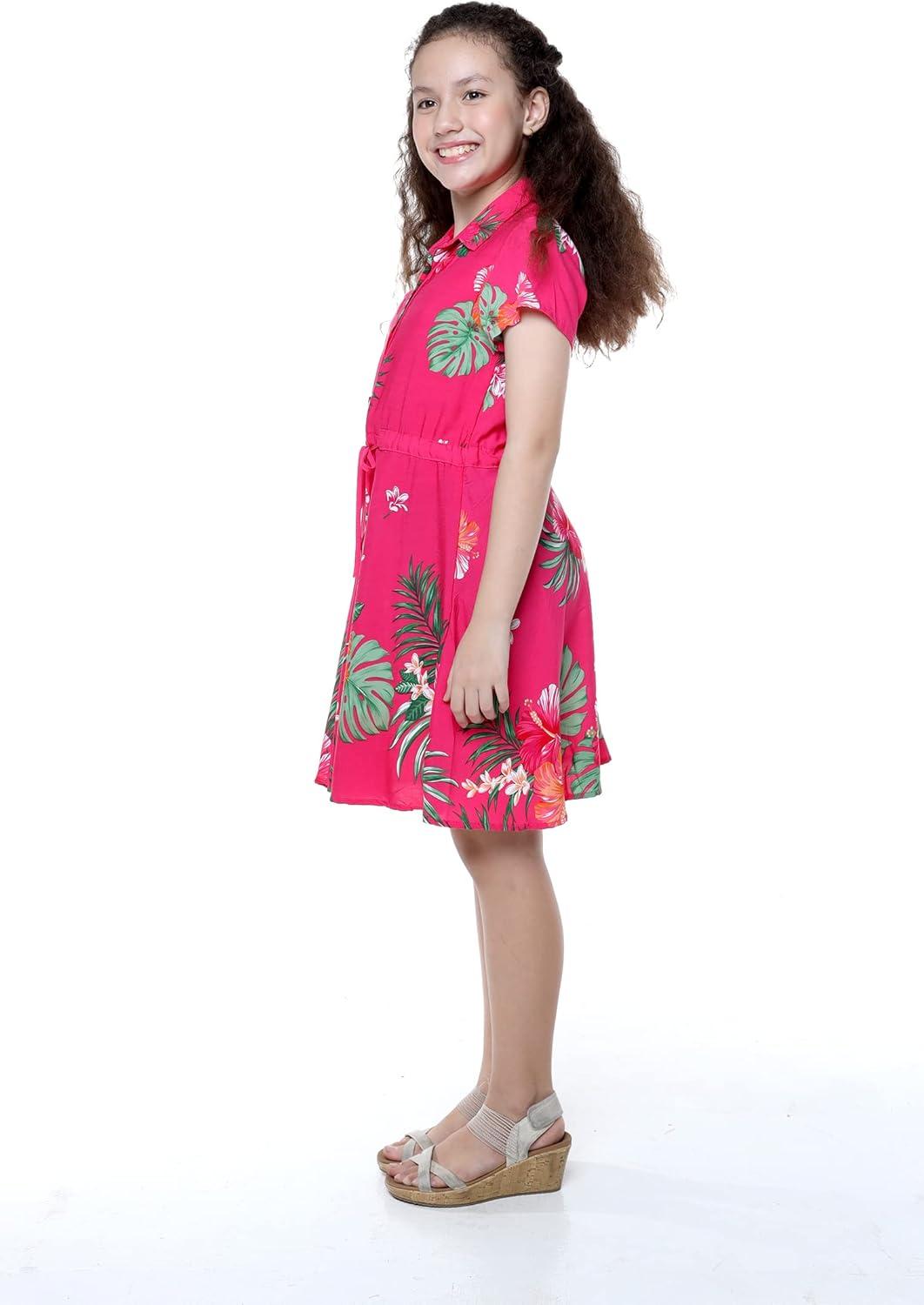 imageGirl Hawaiian Short Sleeve Shirt Dress with Tie in Pretty Tropical OrangePretty Tropical Hot Pink