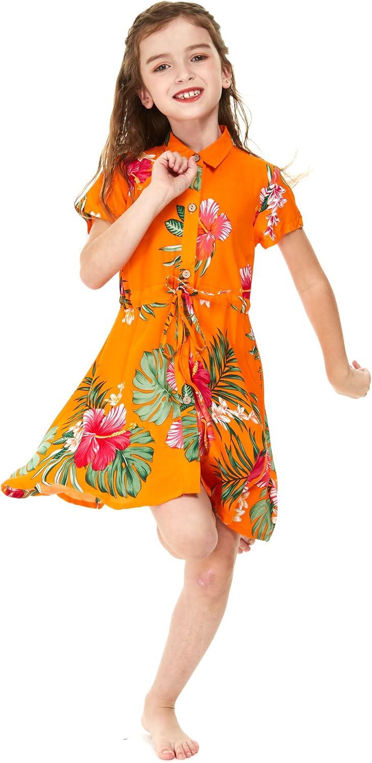 imageGirl Hawaiian Short Sleeve Shirt Dress with Tie in Pretty Tropical OrangePretty Tropical Orange