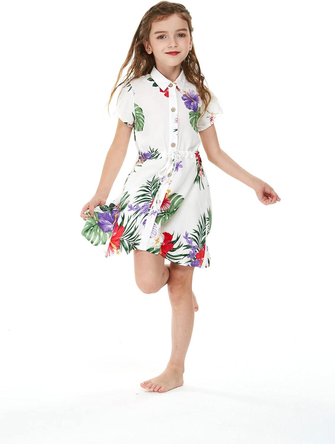 imageGirl Hawaiian Short Sleeve Shirt Dress with Tie in Pretty Tropical OrangePretty Tropical White