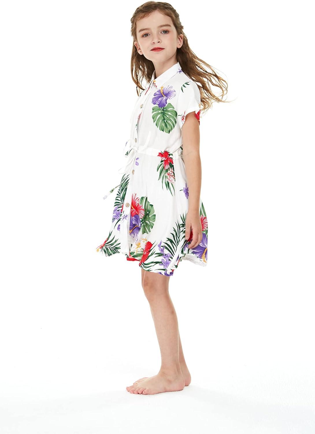 imageGirl Hawaiian Short Sleeve Shirt Dress with Tie in Pretty Tropical OrangePretty Tropical White
