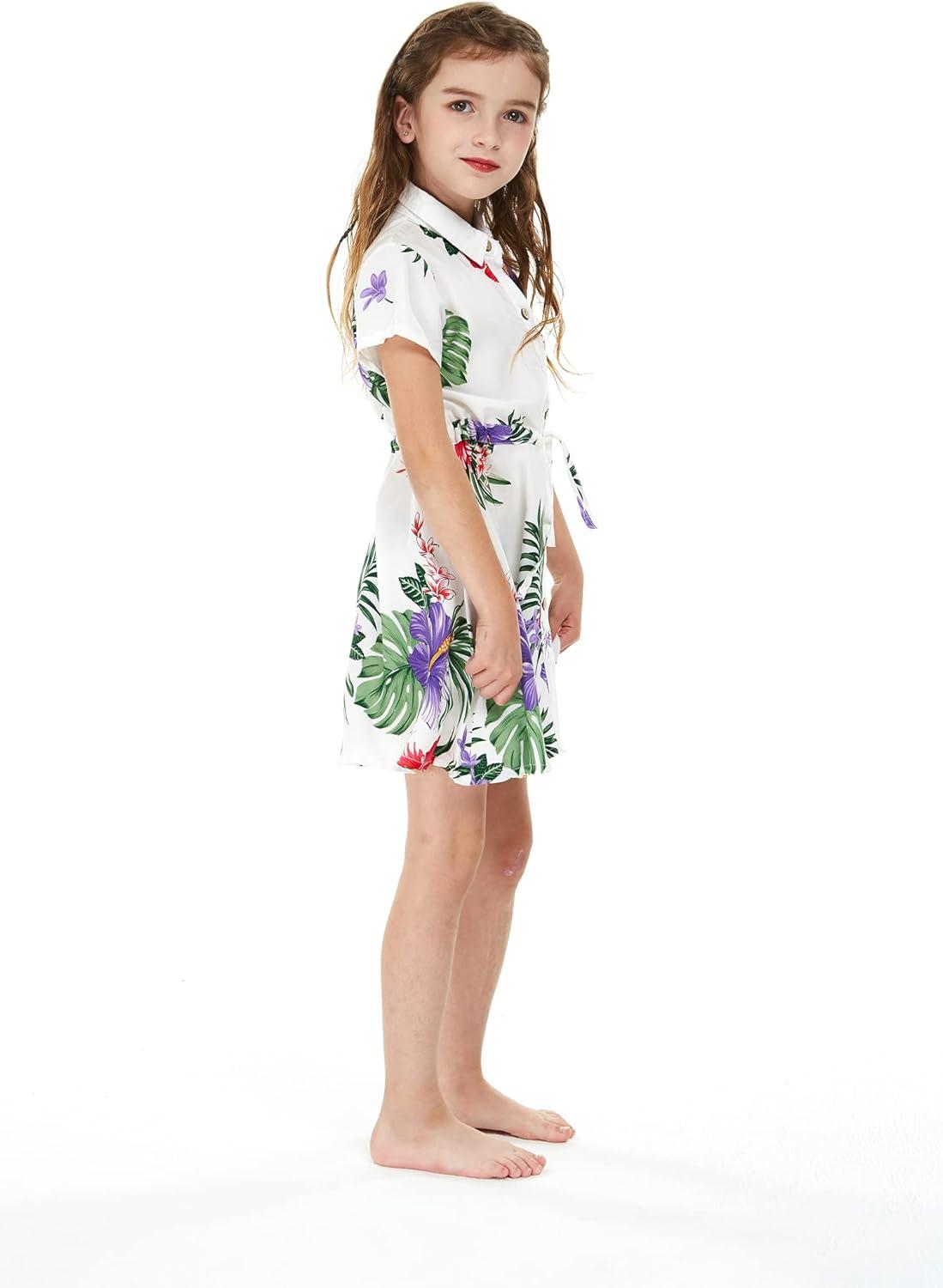 imageGirl Hawaiian Short Sleeve Shirt Dress with Tie in Pretty Tropical OrangePretty Tropical White