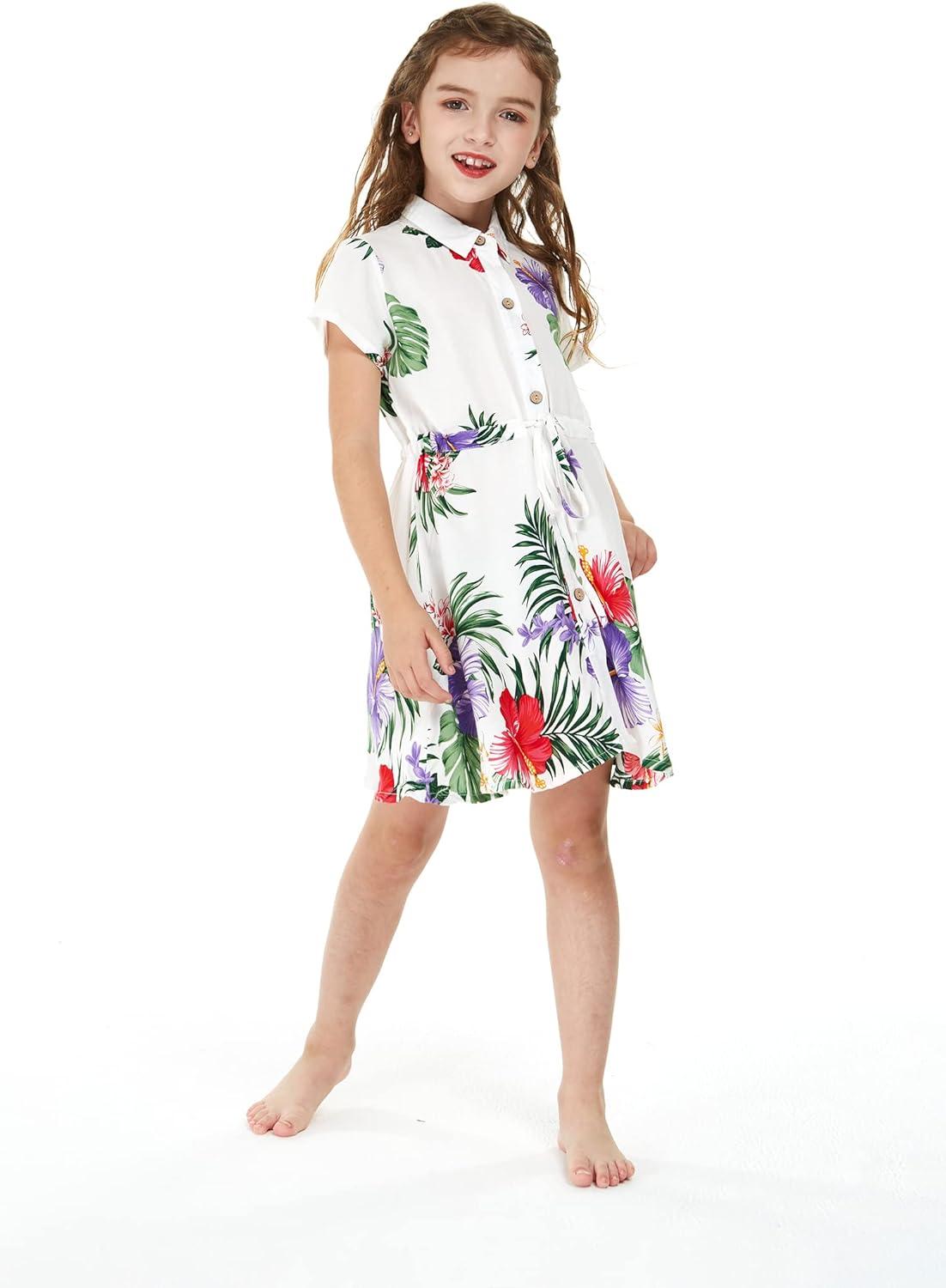 imageGirl Hawaiian Short Sleeve Shirt Dress with Tie in Pretty Tropical OrangePretty Tropical White
