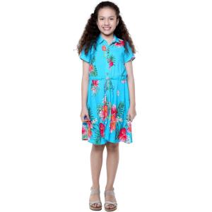 imageGirl Hawaiian Short Sleeve Shirt Dress with Tie in Pretty Tropical OrangePretty Tropical Turquoise