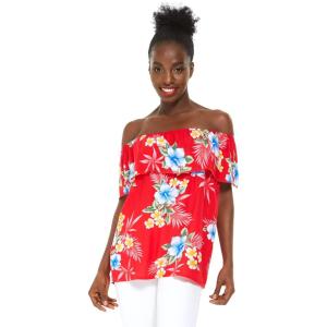 imageWomens Hawaiian OffShoulder Ruffle Muumuu Top in Pink Hibiscus VineHibiscus Red
