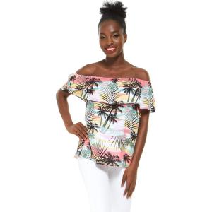 imageWomens Hawaiian OffShoulder Ruffle Muumuu Top in Tropical PrintsNeon Sunset