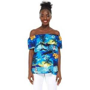imageWomens Hawaiian OffShoulder Ruffle Muumuu Top in Tropical PrintsSunset Blue