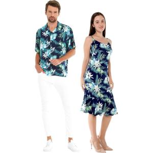 imageMatchable Couple Hawaiian Luau Shirt or Mermaid Ruffle Dress in Orchid Breeze NavyWomen Orchid Breeze Navy