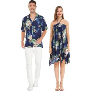 imageMatchable Couple Hawaiian Luau Shirt or Fairy Dress in Pineapple Garden NavyWomen Sandy Beach Navy