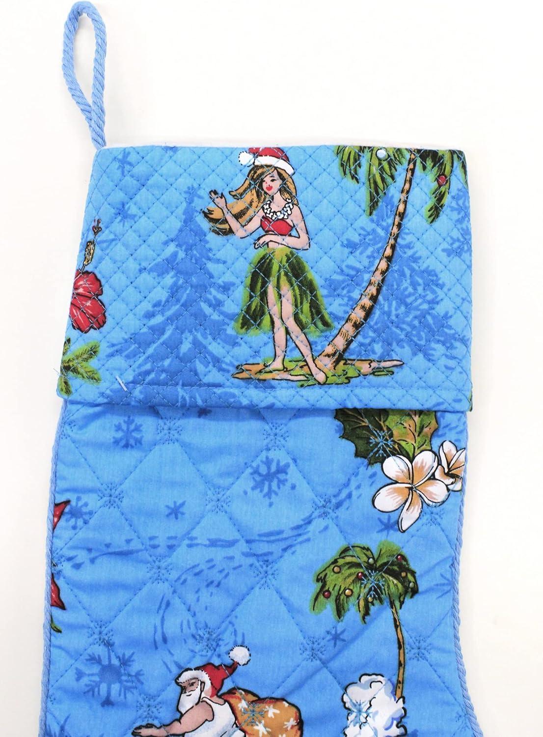 imageSnow Flake Quilted Cotton Christmas Stockings in Santa in Hawaii RedTurquoise Santa in Hawaii