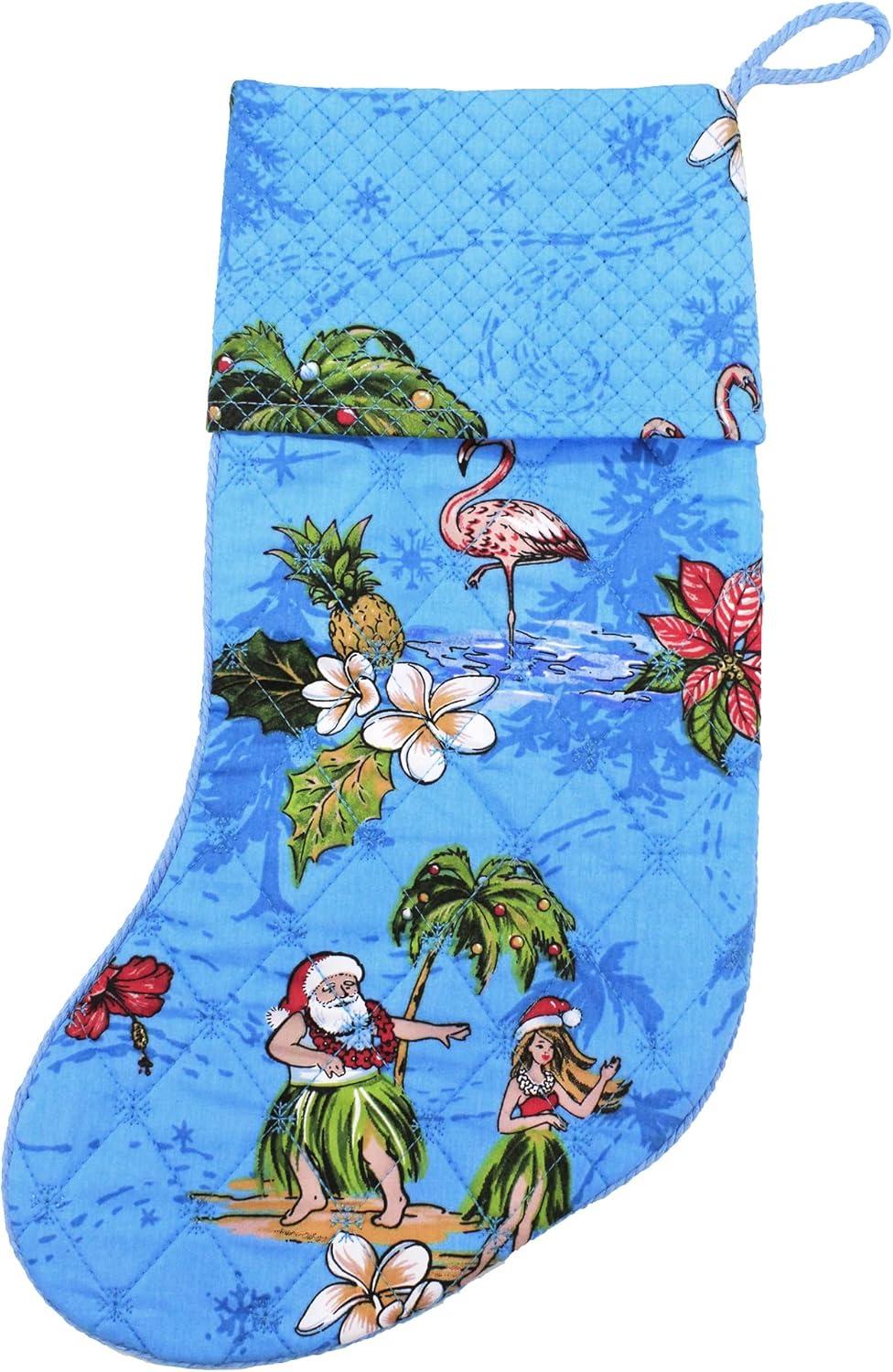 imageSnow Flake Quilted Cotton Christmas Stockings in Santa in Hawaii RedTurquoise Santa in Hawaii