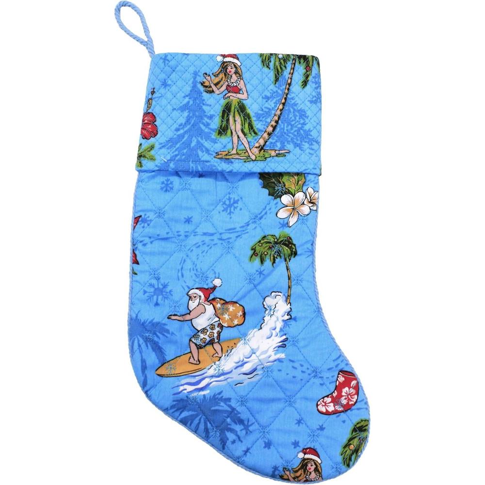 imageSnow Flake Quilted Cotton Christmas Stockings in Santa in Hawaii RedTurquoise Santa in Hawaii
