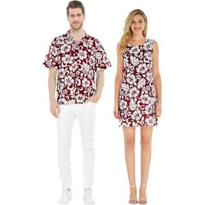 imageMatchable Couple Hawaiian Luau Men Shirt or Women Tank Dress in Classic Vintage HibiscusWomen Burgundy