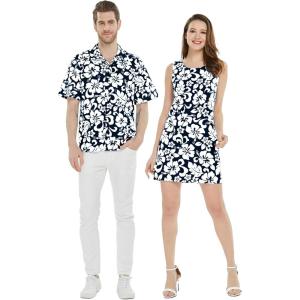 imageMatchable Couple Hawaiian Luau Men Shirt or Women Tank Dress in Classic Vintage HibiscusWomen Navy