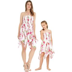 imageMatching Hawaiian Luau Mother Daughter Kimono Fairy Dress in Pink Black Hibiscus VineWomen Pink White Hibiscus Vine